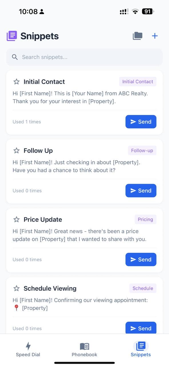 RealtorConnect App - Snippets Screen